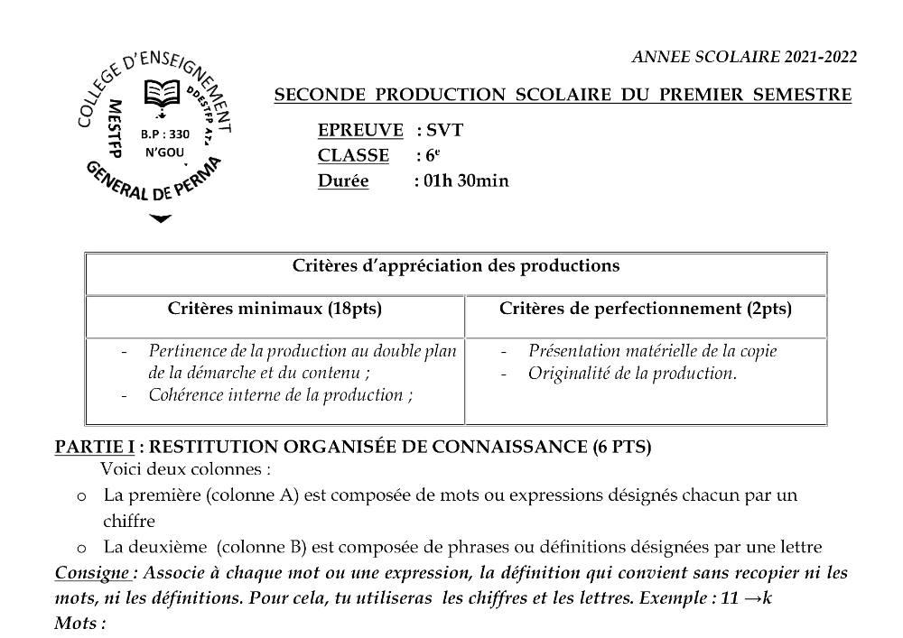 Aperçu de la première page — SVT 6e 2ème Devoir 1er Semestre CEG Perma 2021 2022
