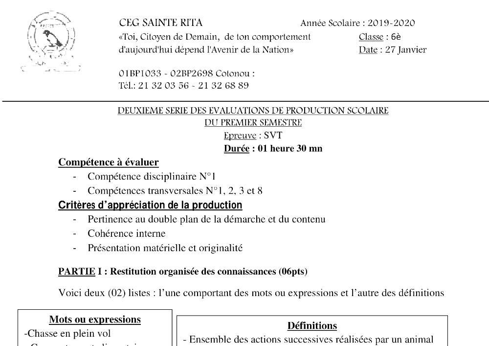 Aperçu de la première page — SVT 6e 2ème Devoir 1er Semestre CEG Sainte Rita 2019 2020