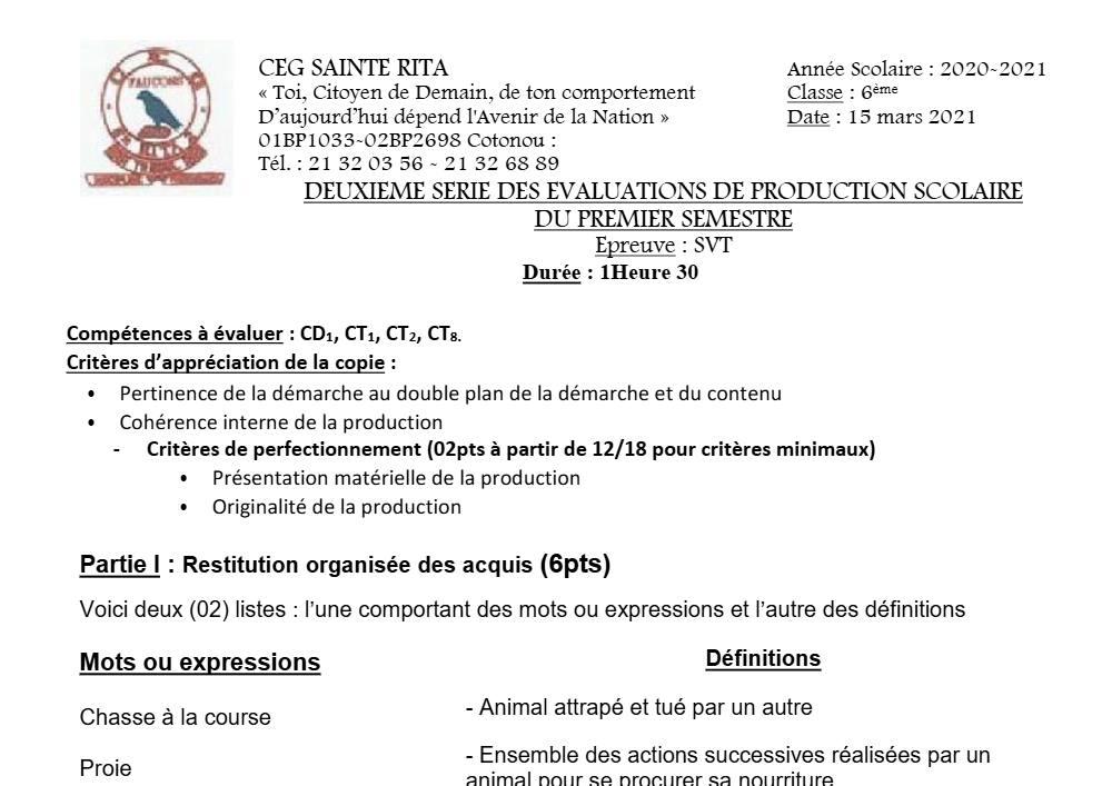 Aperçu de la première page — SVT 6e 2ème Devoir 1er Semestre CEG Sainte Rita 2020 2021
