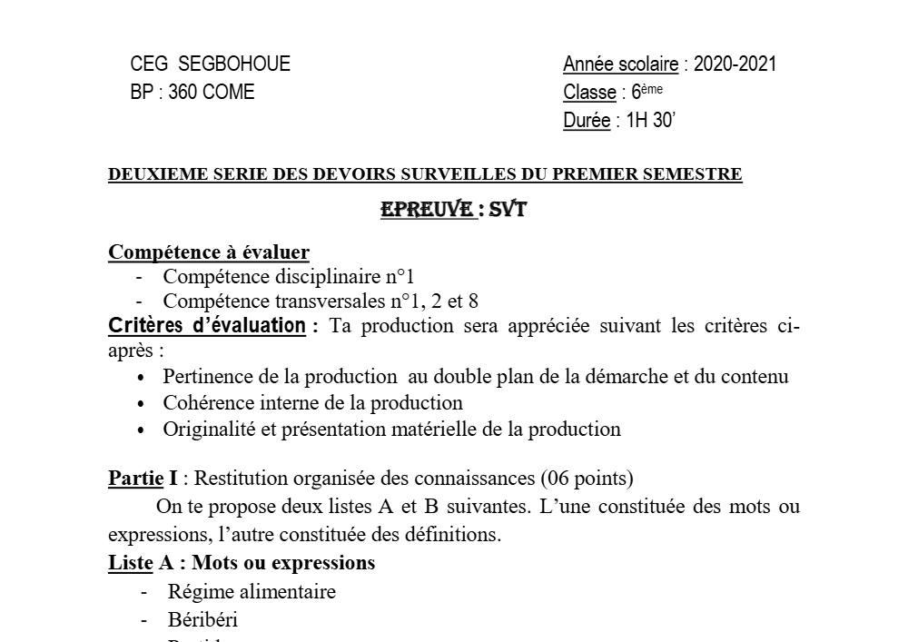 Aperçu de la première page — SVT 6e 2ème Devoir 1er Semestre CEG Segbohoue 2020 2021