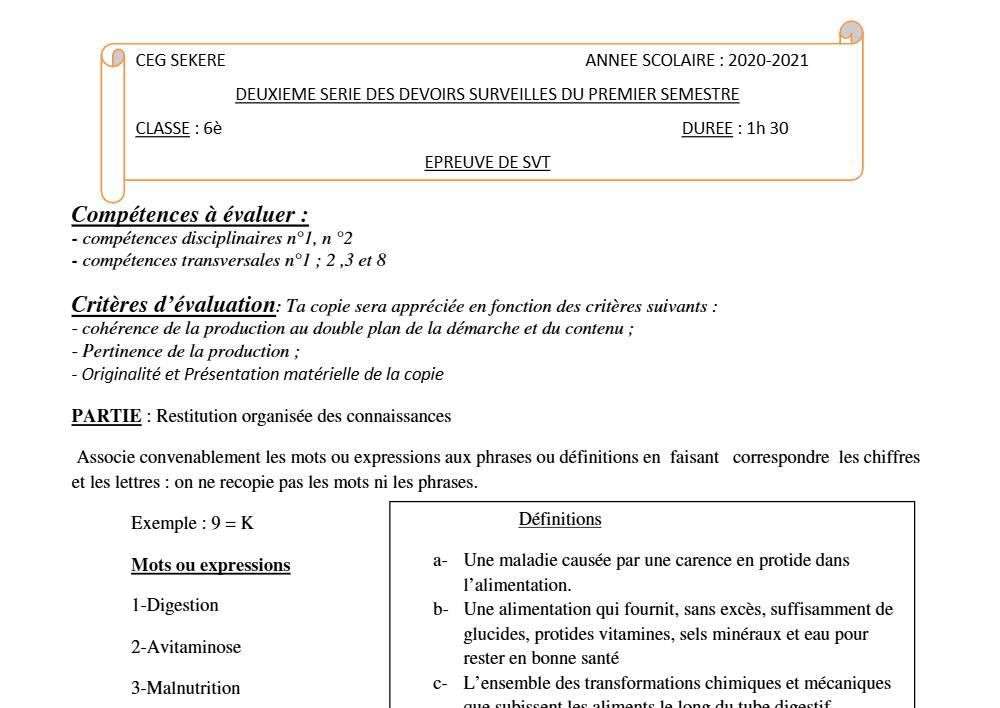 Aperçu de la première page — SVT 6e 2ème Devoir 1er Semestre CEG Sékéré 2020 2021