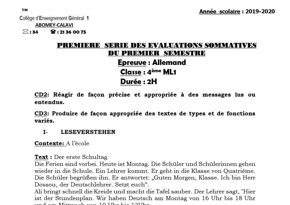 Aperçu de la première page — 4e Allemand 1er Devoir 1er Semestre CEG1 Abomey Calavi 2019 2020