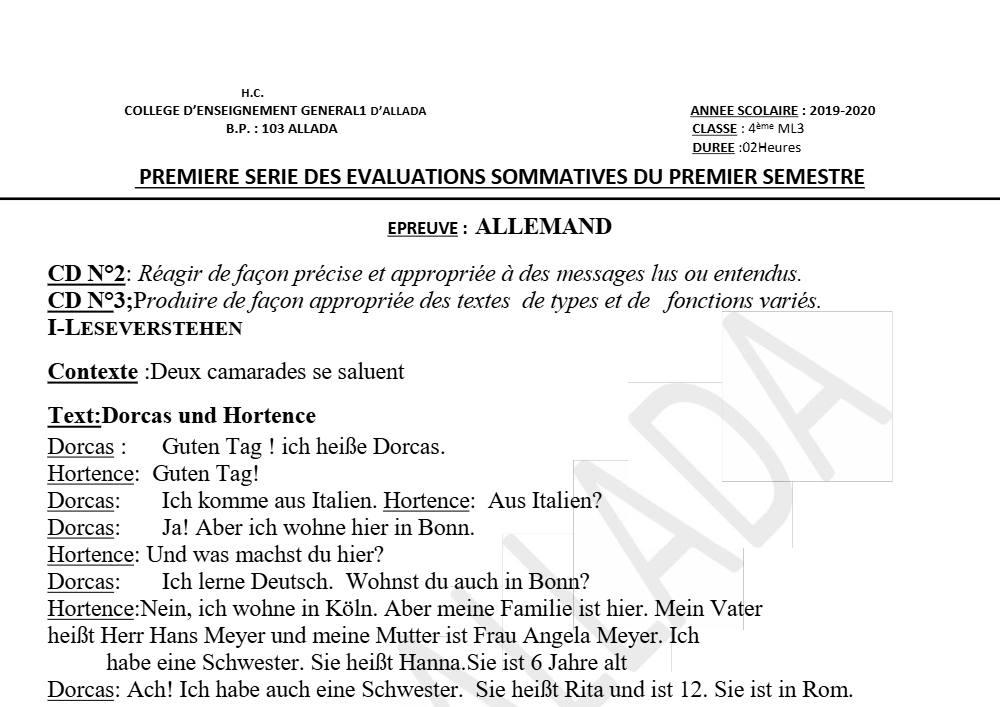 Aperçu de la première page — 4e Allemand 1er Devoir 1er Semestre CEG1 Allada 2019 2020