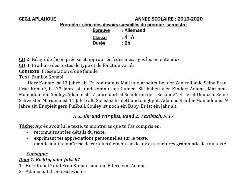 Aperçu de la première page — 4e Allemand 1er Devoir 1er Semestre CEG1 Aplahoué 2019 2020