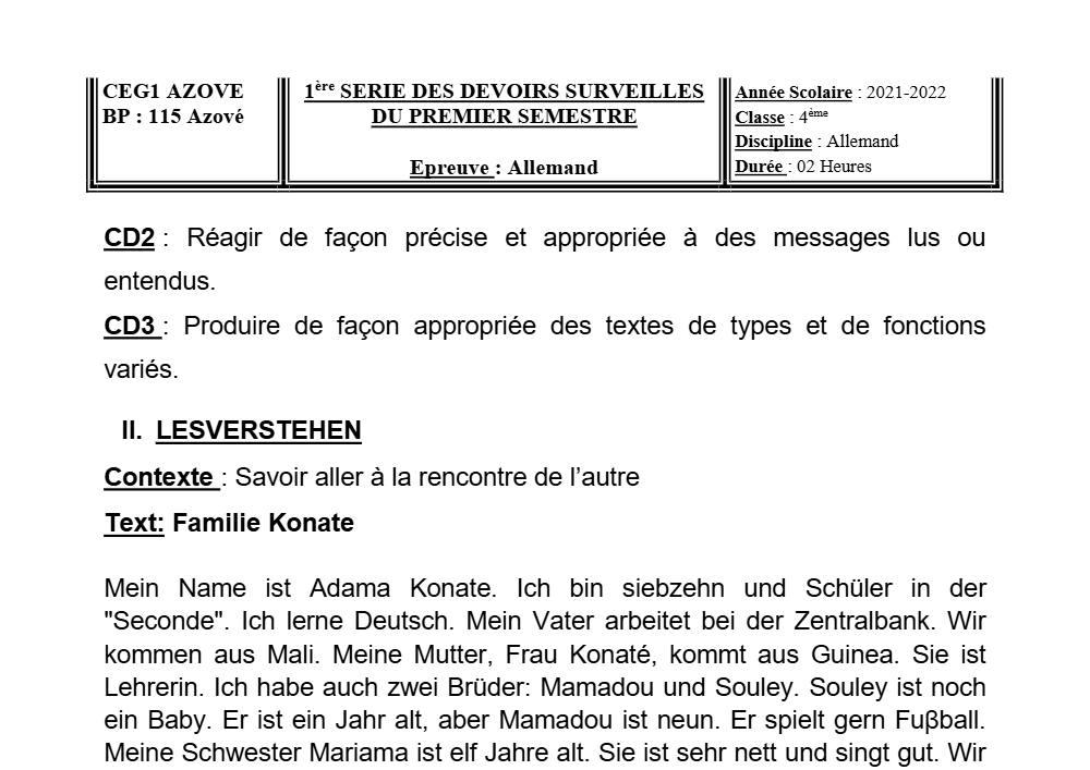 Aperçu de la première page — 4e Allemand 1er Devoir 1er Semestre CEG1 Azové 2021 2022