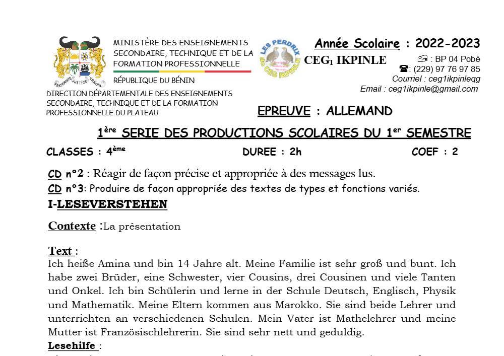 Aperçu de la première page — 4e Allemand 1er Devoir 1er Semestre CEG1 Ikpinlè 2023 2024