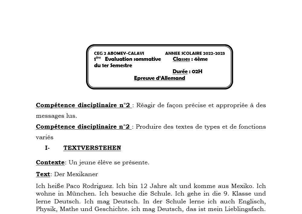 Aperçu de la première page — 4e Allemand 1er Devoir 1er Semestre CEG2 Abomey Calavi 2022 2023