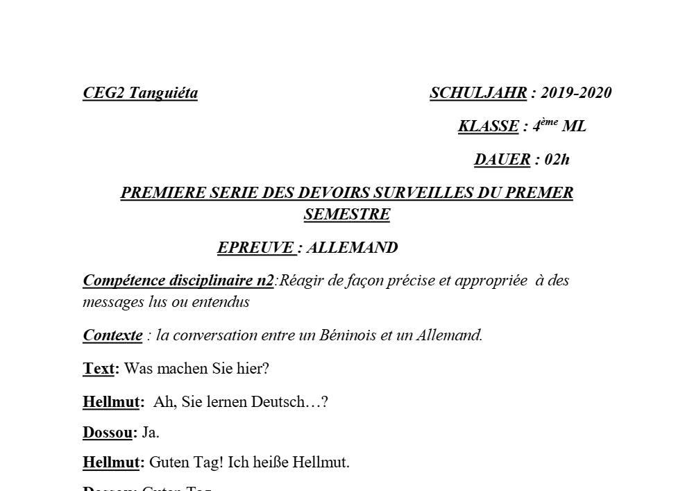 Aperçu de la première page — 4e Allemand 1er Devoir 1er Semestre CEG2 Tanguieta 2019 2020