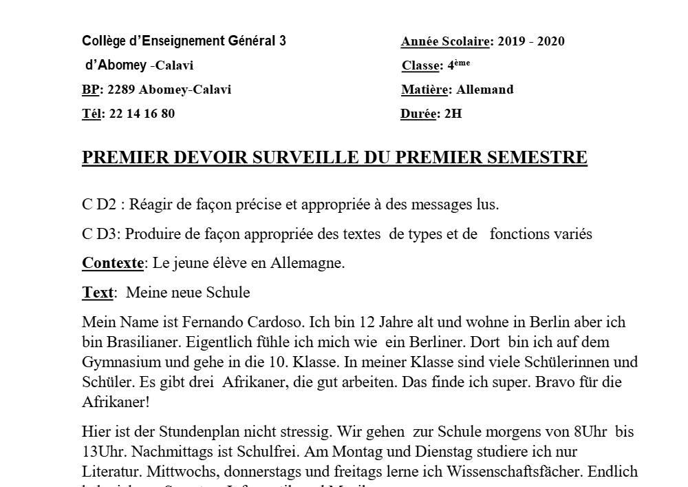 Aperçu de la première page — 4e Allemand 1er Devoir 1er Semestre CEG3 Abomey Calavi 2019 2020