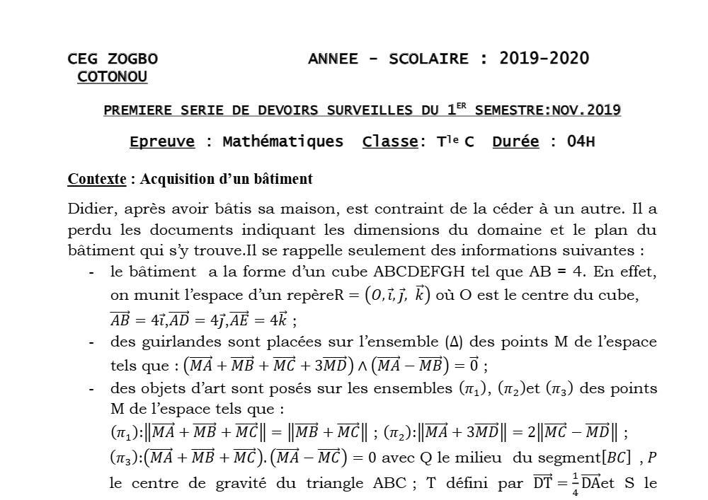 Aperçu de la première page — Mathématiques Tle C Devoir 1 Semestre 1 CEG Zogbo 2019 2020