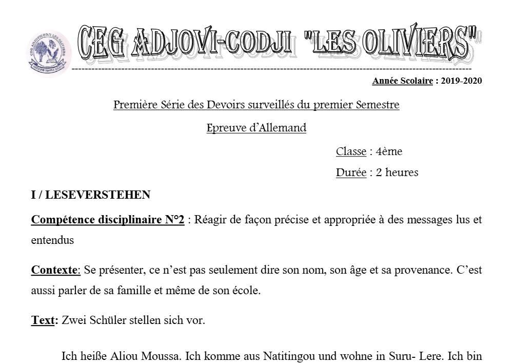 Aperçu de la première page — 4e Allemand 1er Devoir 1er Semestre CEG Adjovi Codji 2019 2020