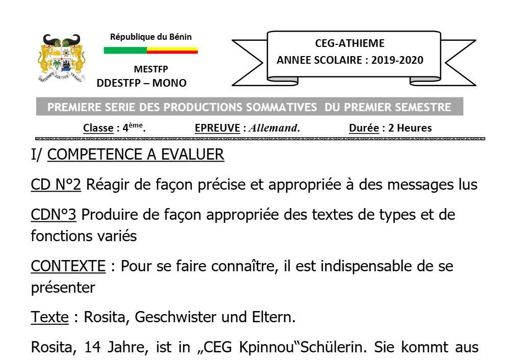 Aperçu de la première page — 4e Allemand 1er Devoir 1er Semestre CEG Athieme 2019 2020