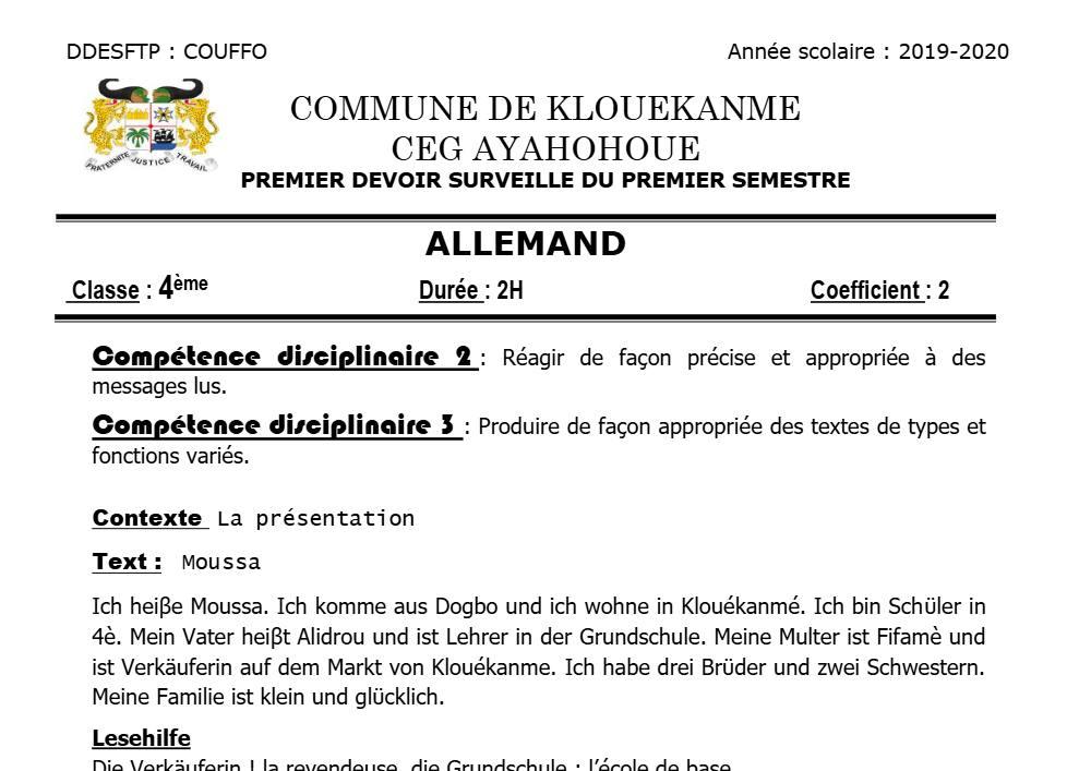 Aperçu de la première page — 4e Allemand 1er Devoir 1er Semestre CEG Ayahohoue 2019 2020