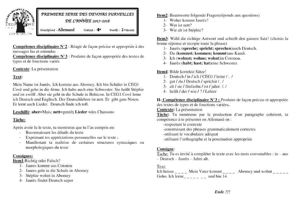 Aperçu de la première page — 4e Allemand 1er Devoir 1er Semestre CEG Cove 2017 2018