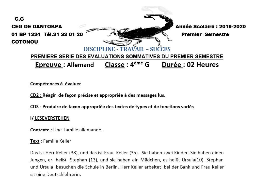 Aperçu de la première page — 4e Allemand 1er Devoir 1er Semestre CEG Dantokpa 2019 2020 (2)