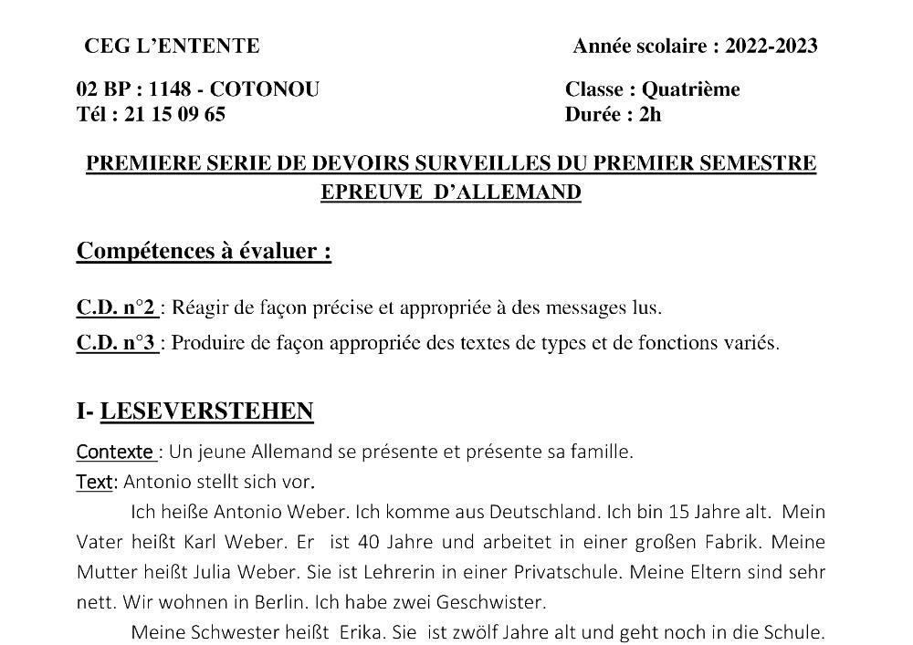 Aperçu de la première page — 4e Allemand 1er Devoir 1er Semestre CEG de L'Entente Benin 2022 2023