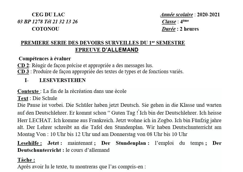 Aperçu de la première page — 4e Allemand 1er Devoir 1er Semestre CEG du Lac 2020 2021
