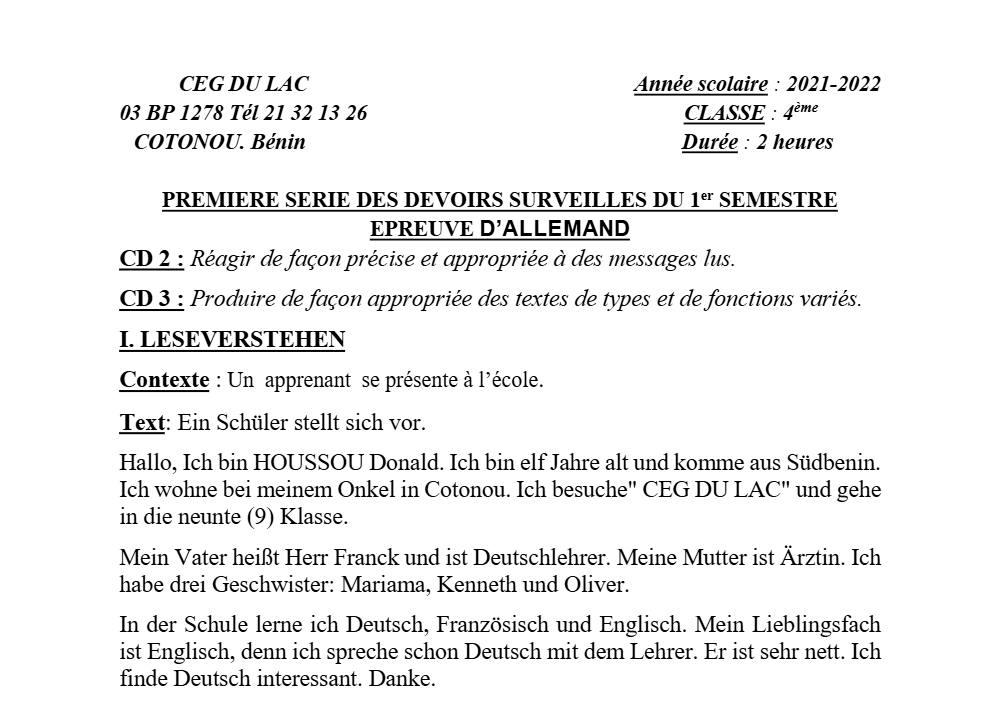 Aperçu de la première page — 4e Allemand 1er Devoir 1er Semestre CEG du Lac 2021 2022