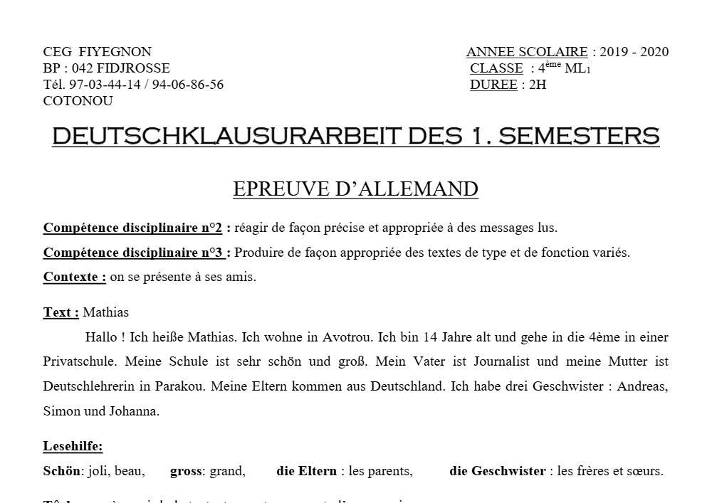 Aperçu de la première page — 4e Allemand 1er Devoir 1er Semestre CEG Fiyegnon 2019 2020