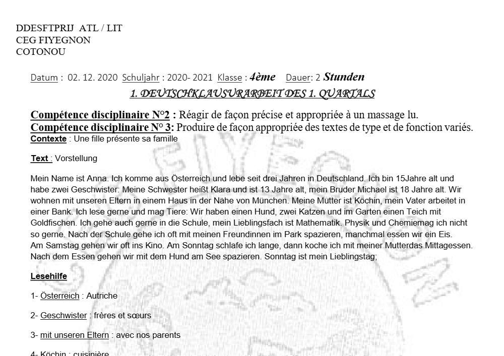 Aperçu de la première page — 4e Allemand 1er Devoir 1er Semestre CEG Fiyegnon 2020 2021