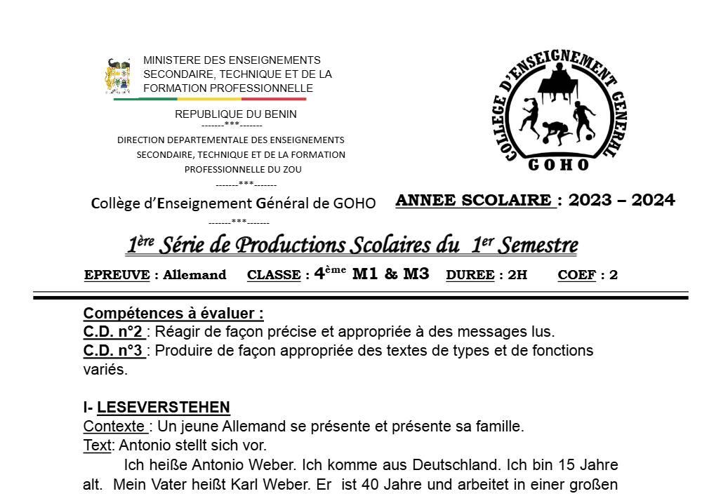 Aperçu de la première page — 4e Allemand 1er Devoir 1er Semestre CEG Goho Abomey 2023 2024