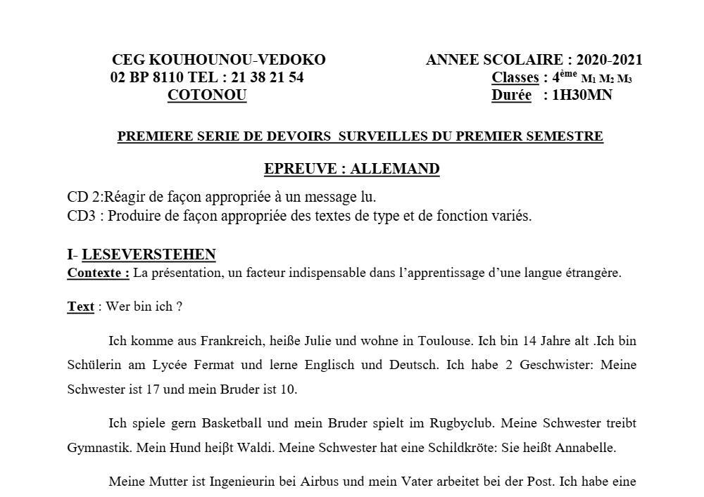 Aperçu de la première page — 4e Allemand 1er Devoir 1er Semestre CEG K Vedoko 2020 2021