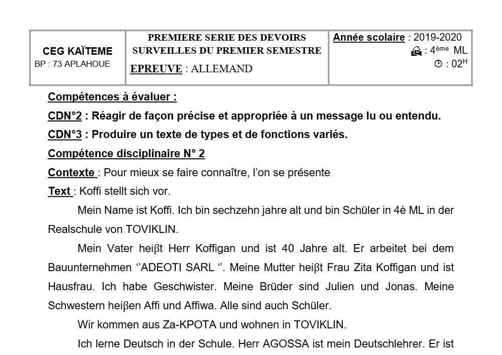 Aperçu de la première page — 4e Allemand 1er Devoir 1er Semestre CEG Kaïteme 2019 2020