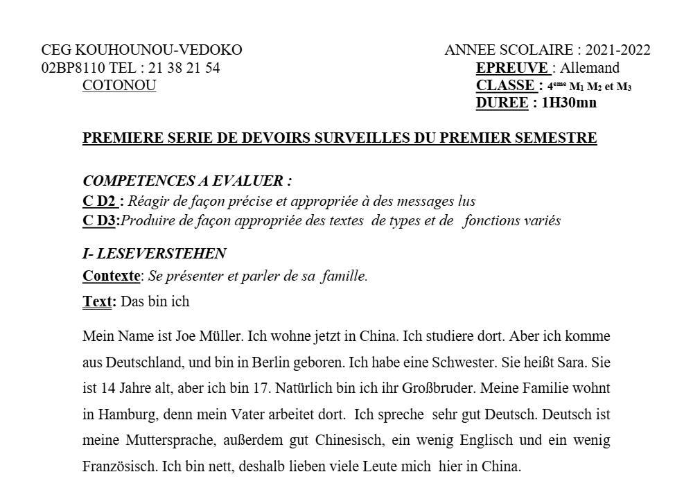 Aperçu de la première page — 4e Allemand 1er Devoir 1er Semestre CEG Kouhounou Vedoko 2021 2022