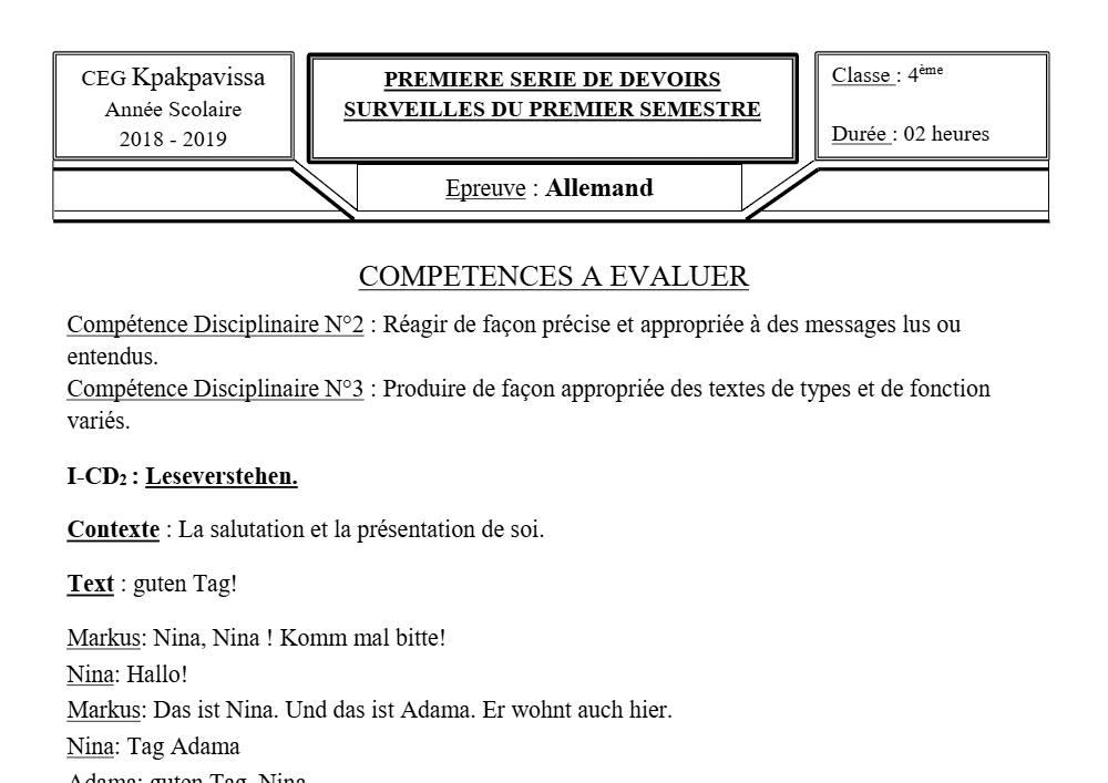 Aperçu de la première page — 4e Allemand 1er Devoir 1er Semestre CEG Kpakpavissa 2018 2019
