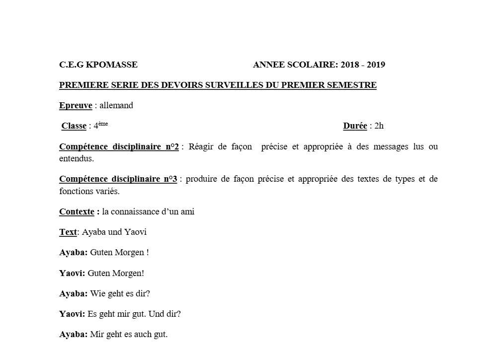 Aperçu de la première page — 4e Allemand 1er Devoir 1er Semestre CEG Kpomasse 2018 2019