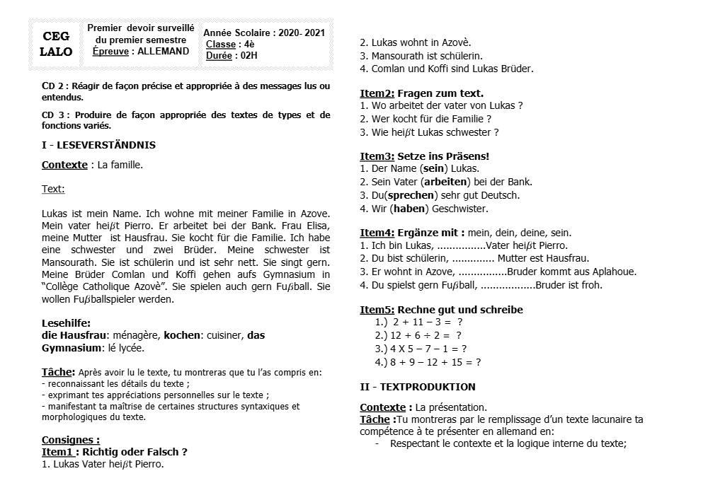 Aperçu de la première page — 4e Allemand 1er Devoir 1er Semestre CEG Lalo 2020 2021