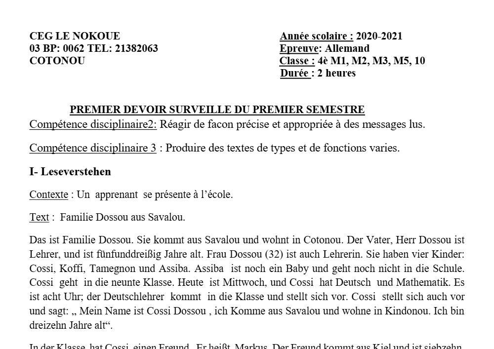 Aperçu de la première page — 4e Allemand 1er Devoir 1er Semestre CEG Le Nokoué 2020 2021