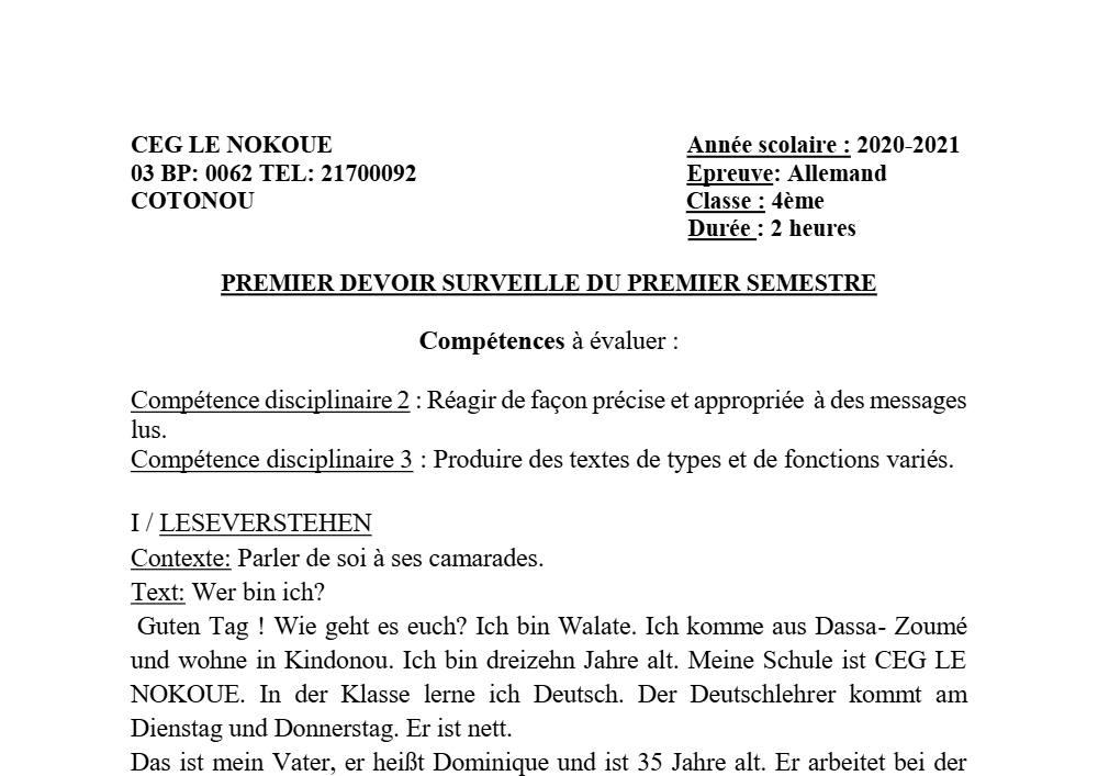 Aperçu de la première page — 4e Allemand 1er Devoir 1er Semestre CEG Le Nokoué 2021 2022 (2)