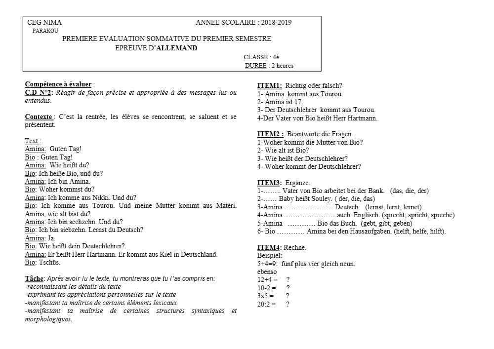 Aperçu de la première page — 4e Allemand 1er Devoir 1er Semestre CEG Nima 2018 2019
