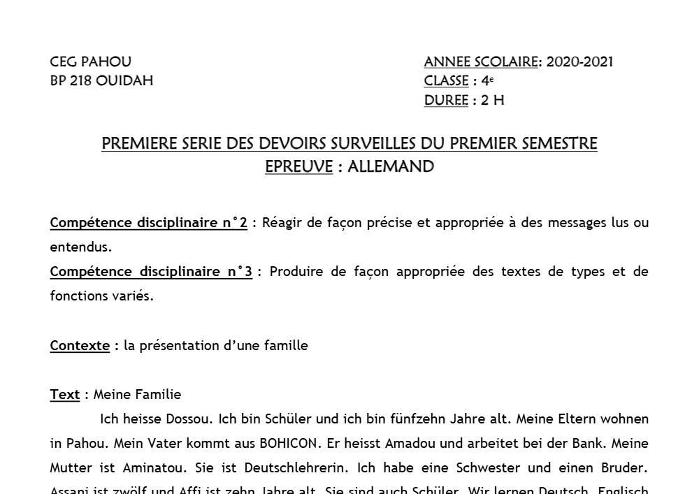 Aperçu de la première page — 4e Allemand 1er Devoir 1er Semestre CEG Pahou 2020 2021