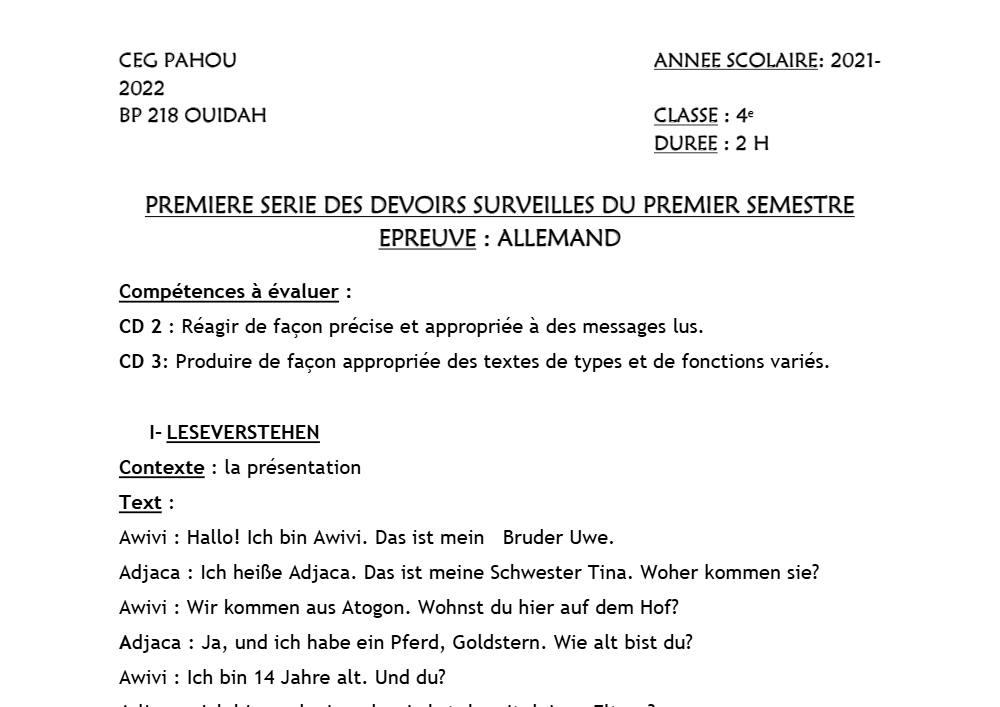 Aperçu de la première page — 4e Allemand 1er Devoir 1er Semestre CEG Pahou 2021 2022