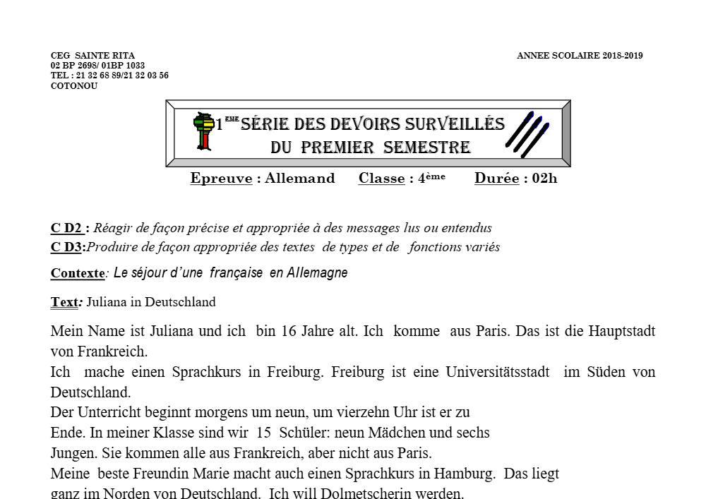 Aperçu de la première page — 4e Allemand 1er Devoir 1er Semestre CEG Sainte Rita 2018 2019