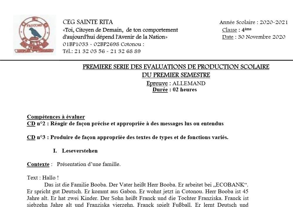 Aperçu de la première page — 4e Allemand 1er Devoir 1er Semestre CEG Sainte Rita 2020 2021