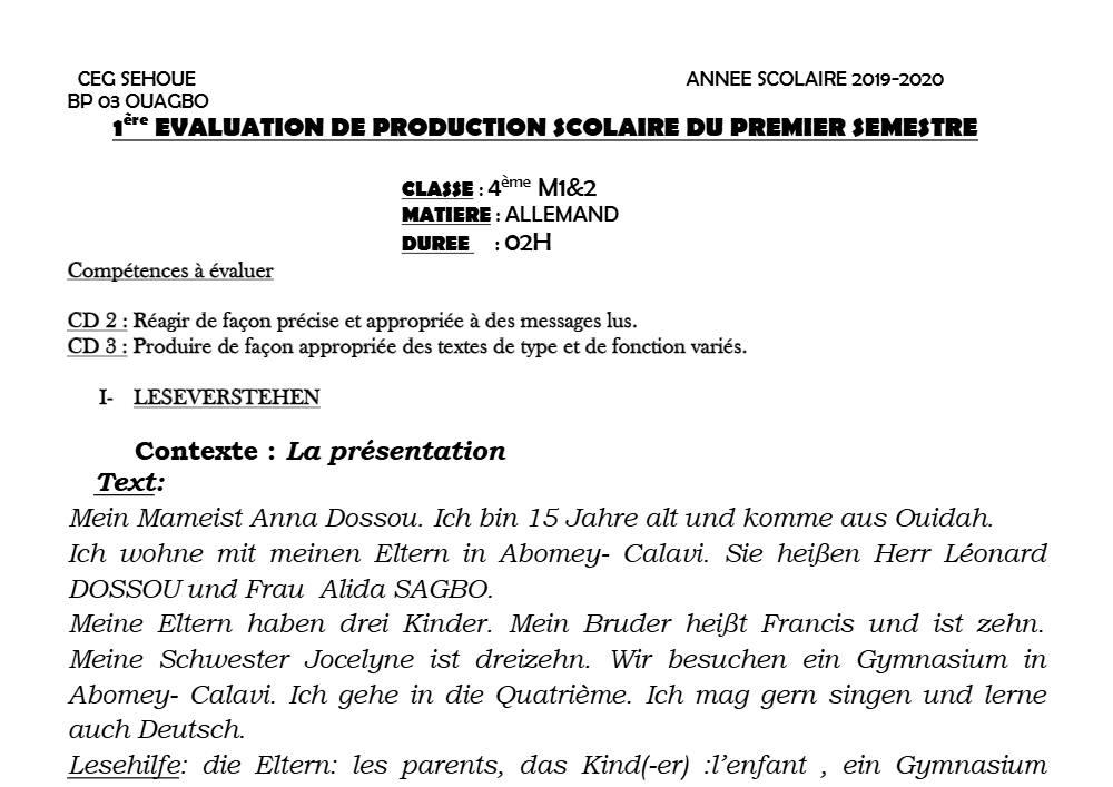 Aperçu de la première page — 4e Allemand 1er Devoir 1er Semestre CEG Sehoue 2019 2020