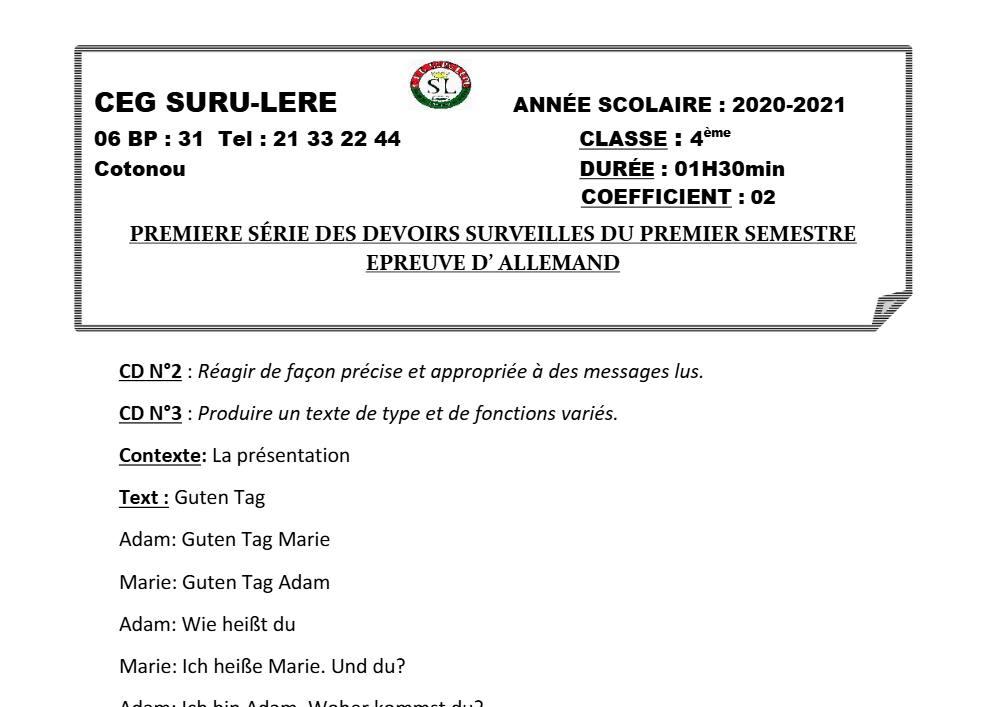 Aperçu de la première page — 4e Allemand 1er Devoir 1er Semestre CEG Suru Léré 2020 2021
