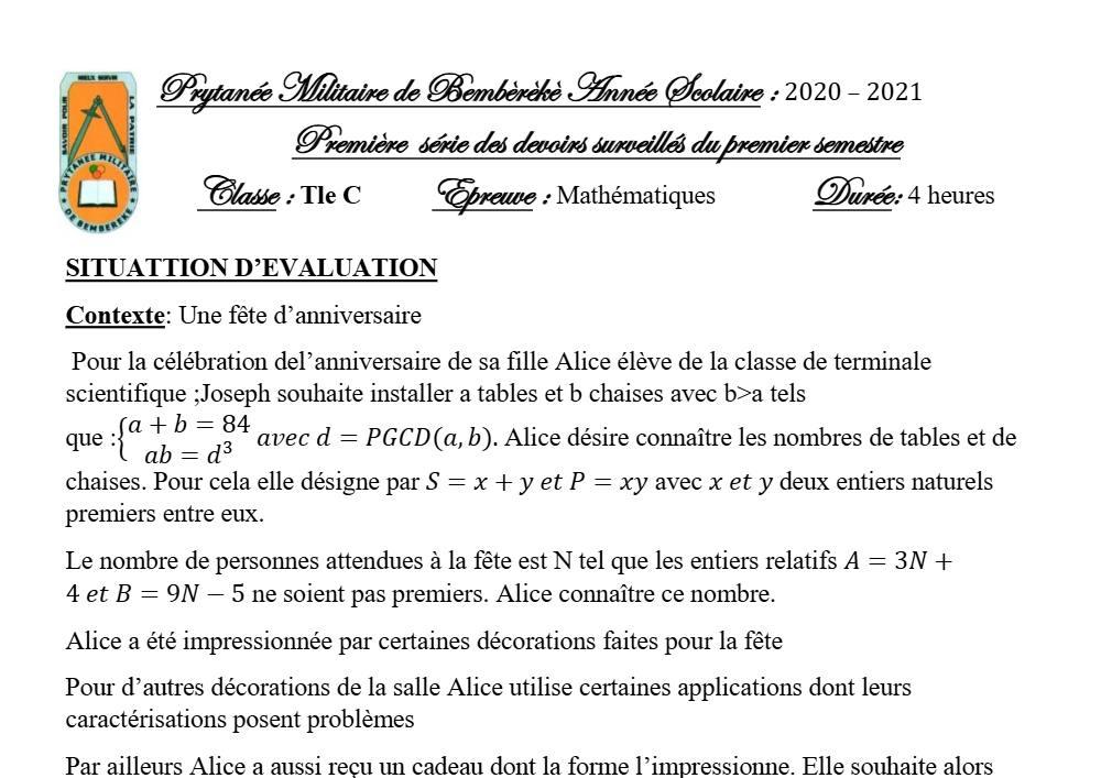 Aperçu de la première page — Mathématiques Tle C Devoir 1 Semestre 1 Prytanée Militaire de Bembèrèkè 2020 2021