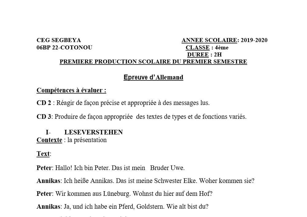 Aperçu de la première page — 4e Allemand 1er Devoir 1er Semestre CEG Ségbéya 2019 2020