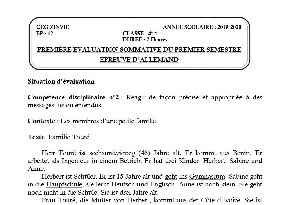 Aperçu de la première page — 4e Allemand 1er Devoir 1er Semestre CEG Zinvié 2019 2020