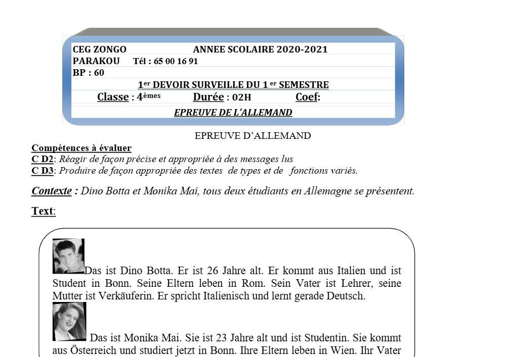 Aperçu de la première page — 4e Allemand 1er Devoir 1er Semestre CEG Zongo 2020 2021