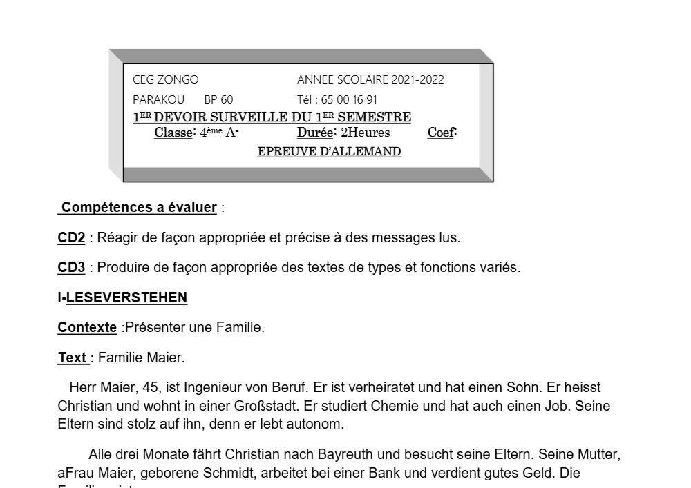 Aperçu de la première page — 4e Allemand 1er Devoir 1er Semestre CEG Zongo 2021 2022