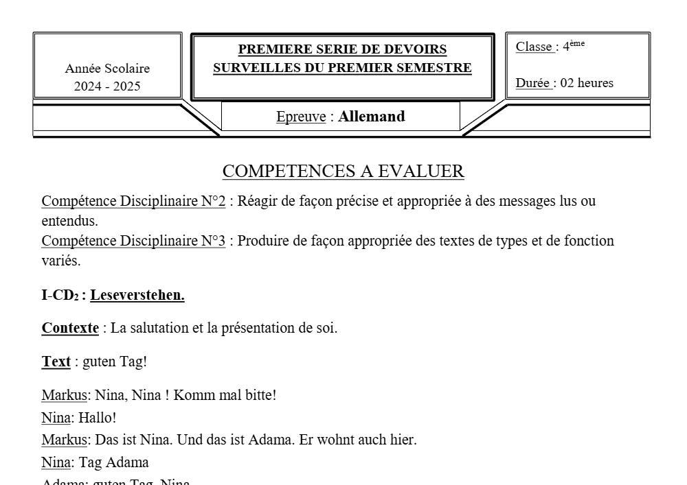 Aperçu de la première page — 4e Allemand 1er Devoir 1er Semestre Collège D'Enseignement Général 2024 2025