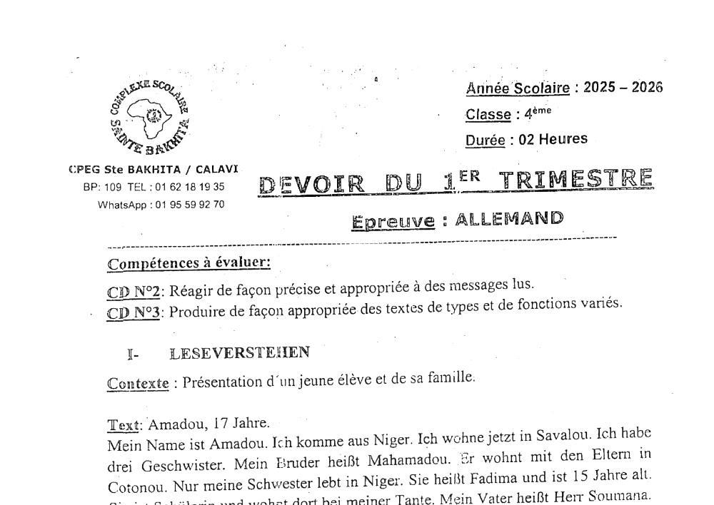 Aperçu de la première page — 4e Allemand 1er Devoir 1er Trimestre CPEG Sainte Bakhita Calavi 2025 2026 (2)