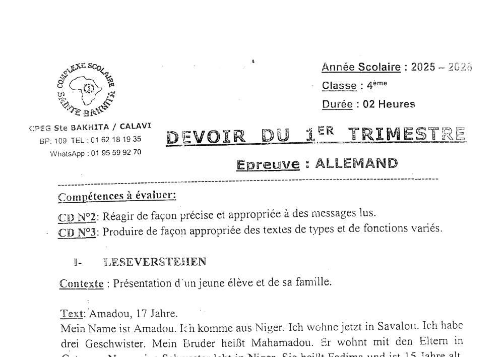 Aperçu de la première page — 4e Allemand 1er Devoir 1er Trimestre CPEG Sainte Bakhita Calavi 2025 2026