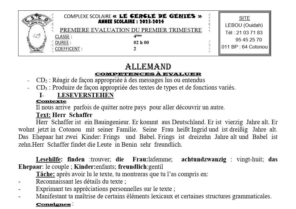 Aperçu de la première page — 4e Allemand 1er Devoir 1er Trimestre CP Le Cercle de Genies 2023 2024