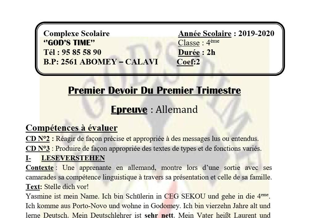 Aperçu de la première page — 4e Allemand 1er Devoir 1er Trimestre CS God'S Time 2019 2020
